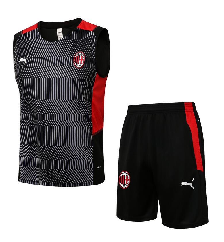 2021/22 AC Milan Black Grey Training Vest Kits Soccer Shirt with Shorts